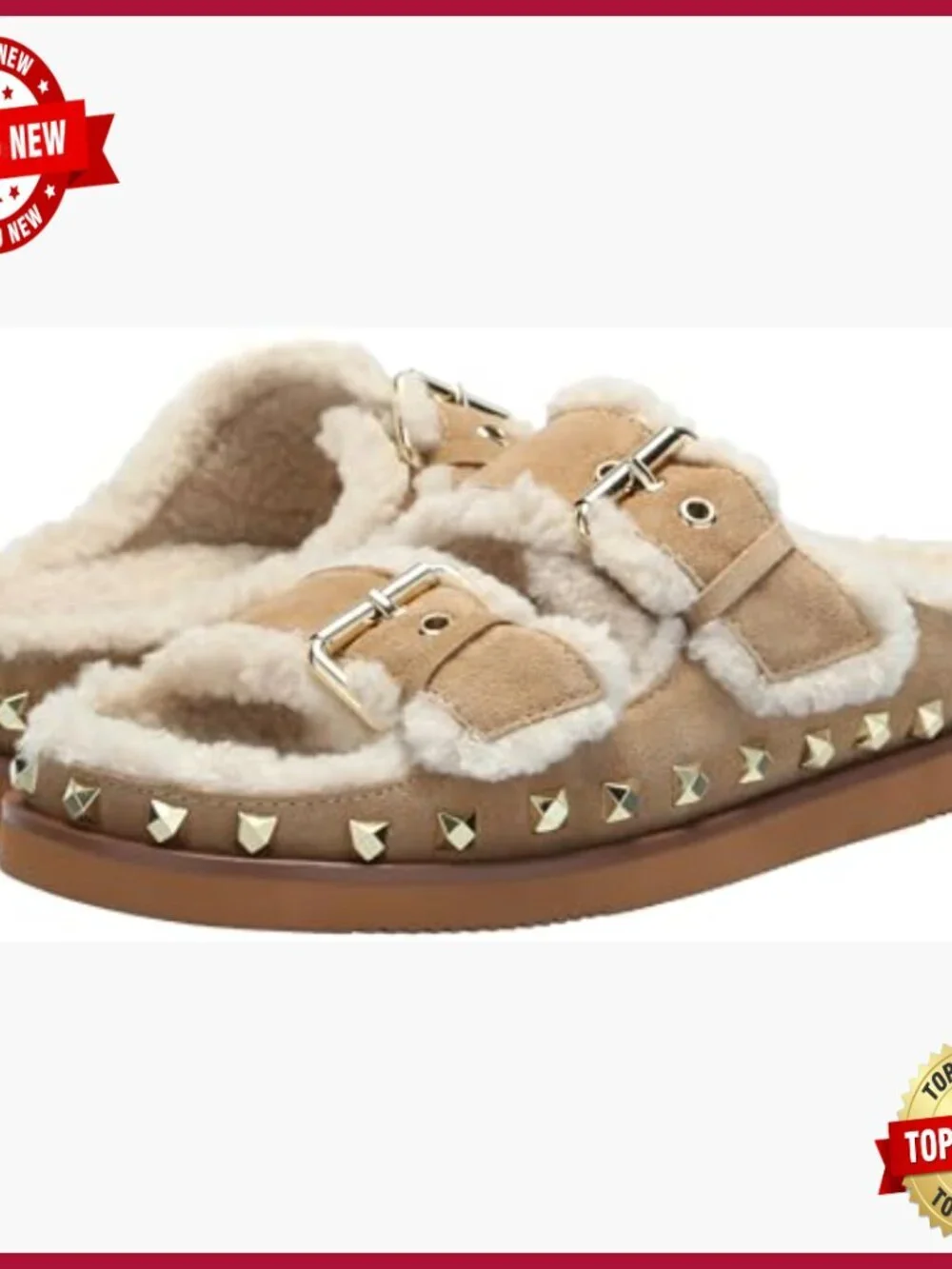 Suede Slide Sandals with Faux Fur Lining, Double Buckle, Studded Trim, Flat